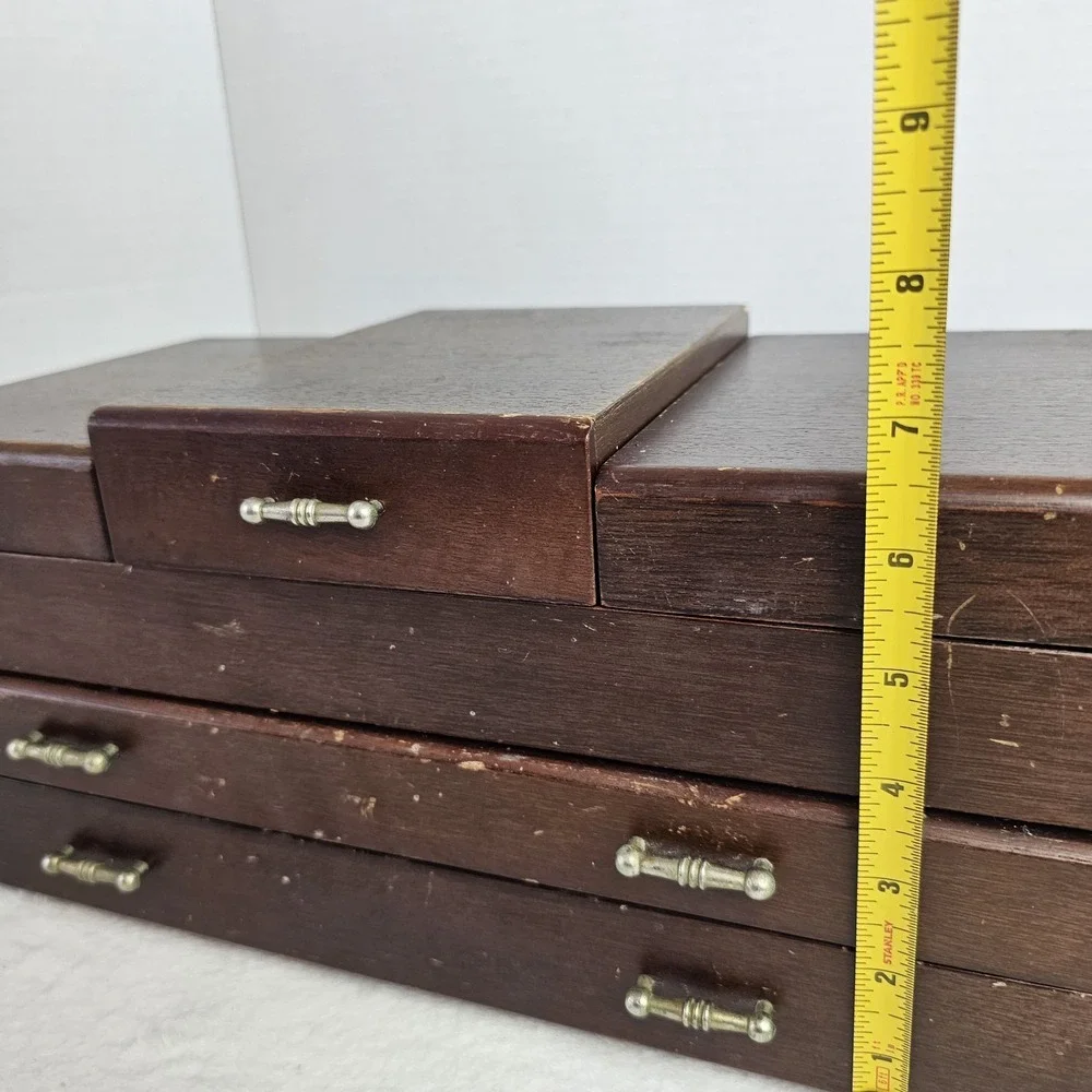 VTG Mid Century Modern Wood Jewelry Box 2 Drawer Blue Velvet Lined MCM Mirror